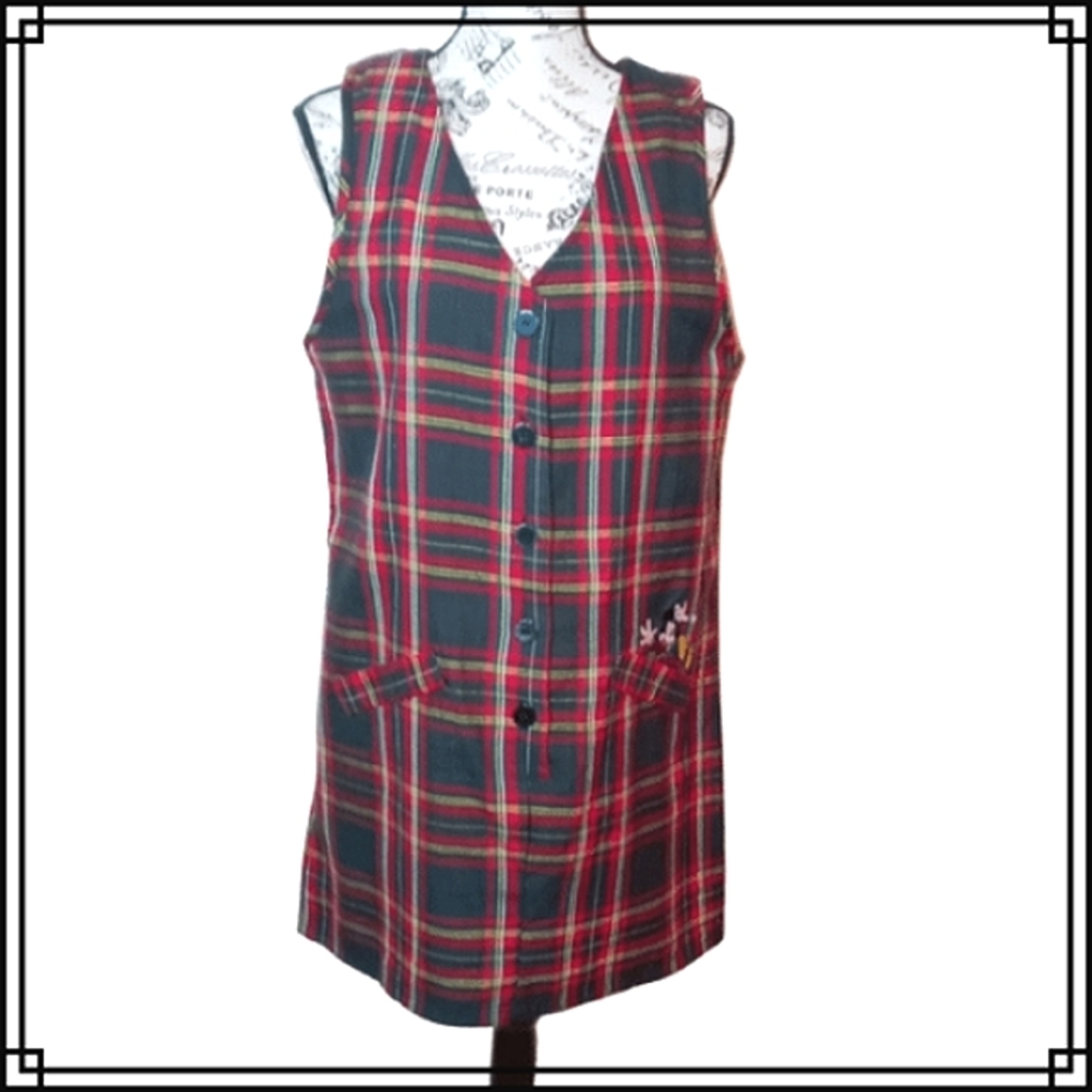 Vintage Red Plaid Mickey Unlimited Sleeveless Jumper Dress Size 9